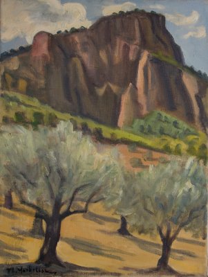Olive Trees, Bare Mountain Background, Davlia Area — Oil painting, Canvas, 46.00×61.00cm — Theodoros Markellos